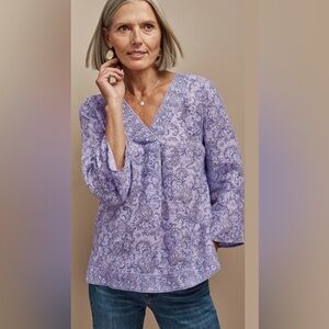 NWT J. Jill Large 100% Love Linen Purple Paisley 3/4 Slv V-neck Tunic Top Boho